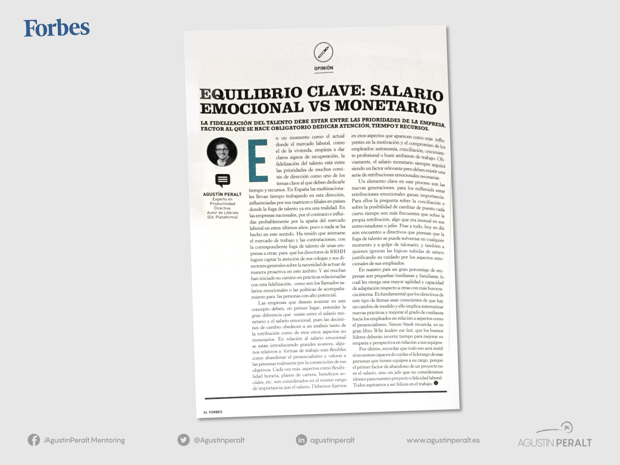 Artículo publicado en FORBES «Salario emocional versus salario monetario: un equilibrio necesario»